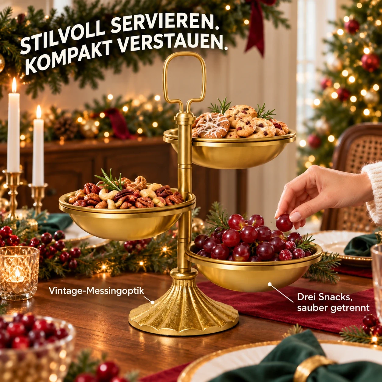 Vintage-Servierständer mit 3 schwenkbaren Schalen in Messingoptik