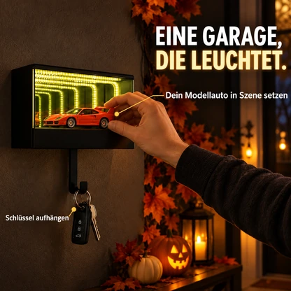 Infinity Garage LED-Schlüsselhalter – schwarze Mini-Auto-Ausstellung