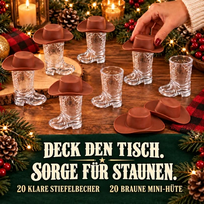 40-teiliges Cowboy-Stiefel-Shotbecher-Set | Transparente Becher & braune Hüte
