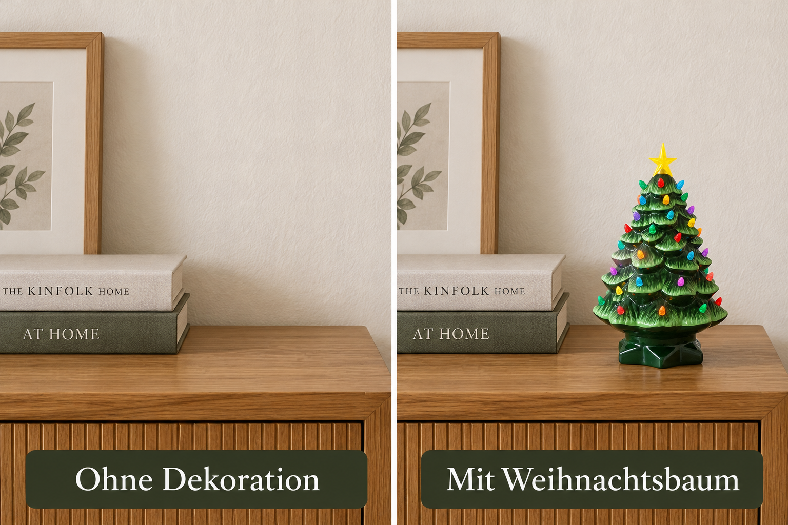 Gleiche Konsole ohne Dekoration und mit einem einzelnen grünen Weihnachtsbaum