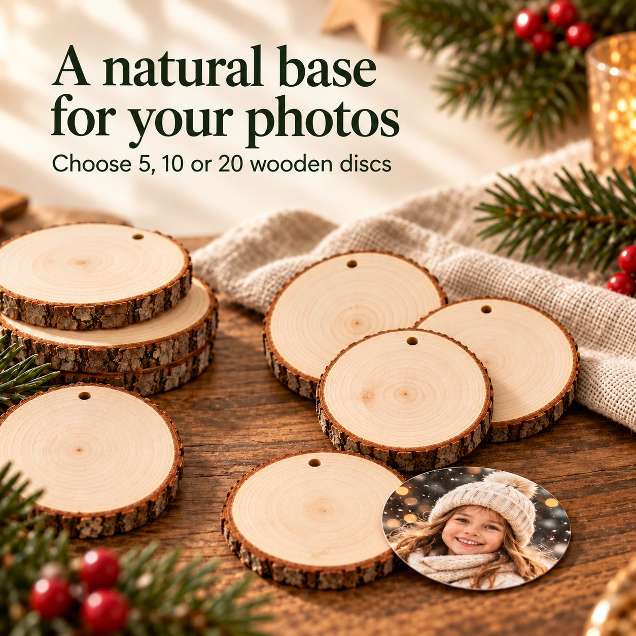 Blank bark-edge wooden discs with one hanging hole each and a prepared round photo
