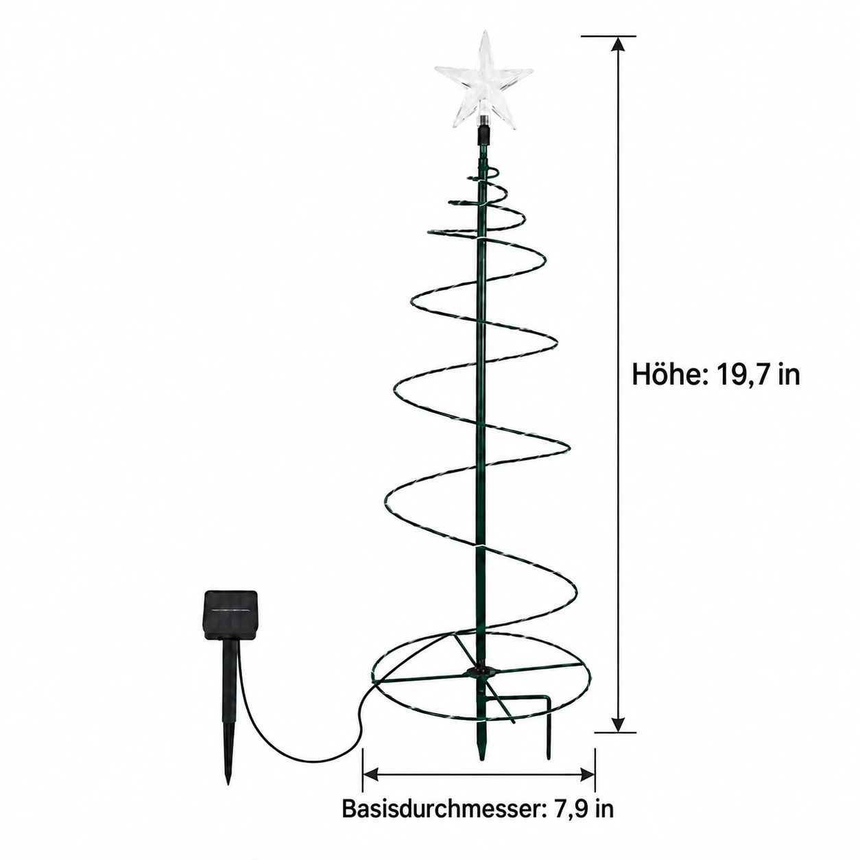 Maße der Solar-Spiral-Weihnachtsbaumleuchte in Zoll dargestellt