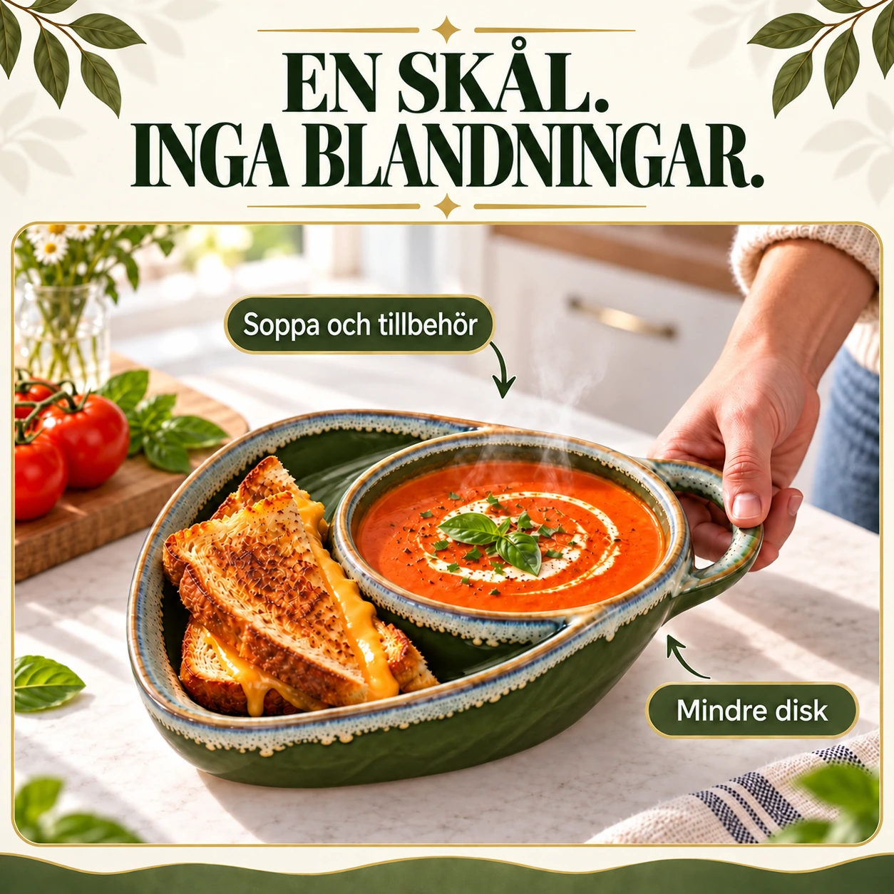 Handgjord indelad serveringsskål i keramik med sidohandtag