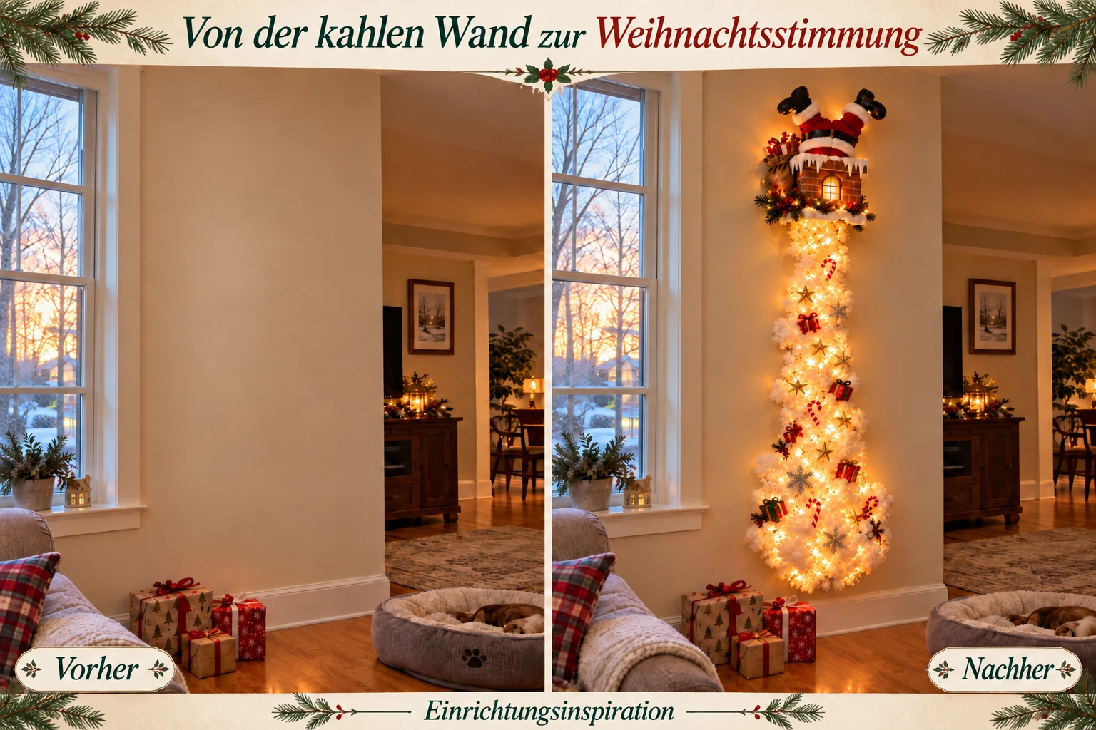 Dieselbe Eingangswand vor und nach dem Anbringen der Weihnachtsmann-Kamin-Wanddekoration