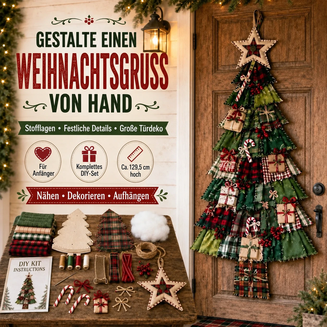 Bastelset für einen übergroßen Patchwork-Weihnachtsbaum-Türhänger