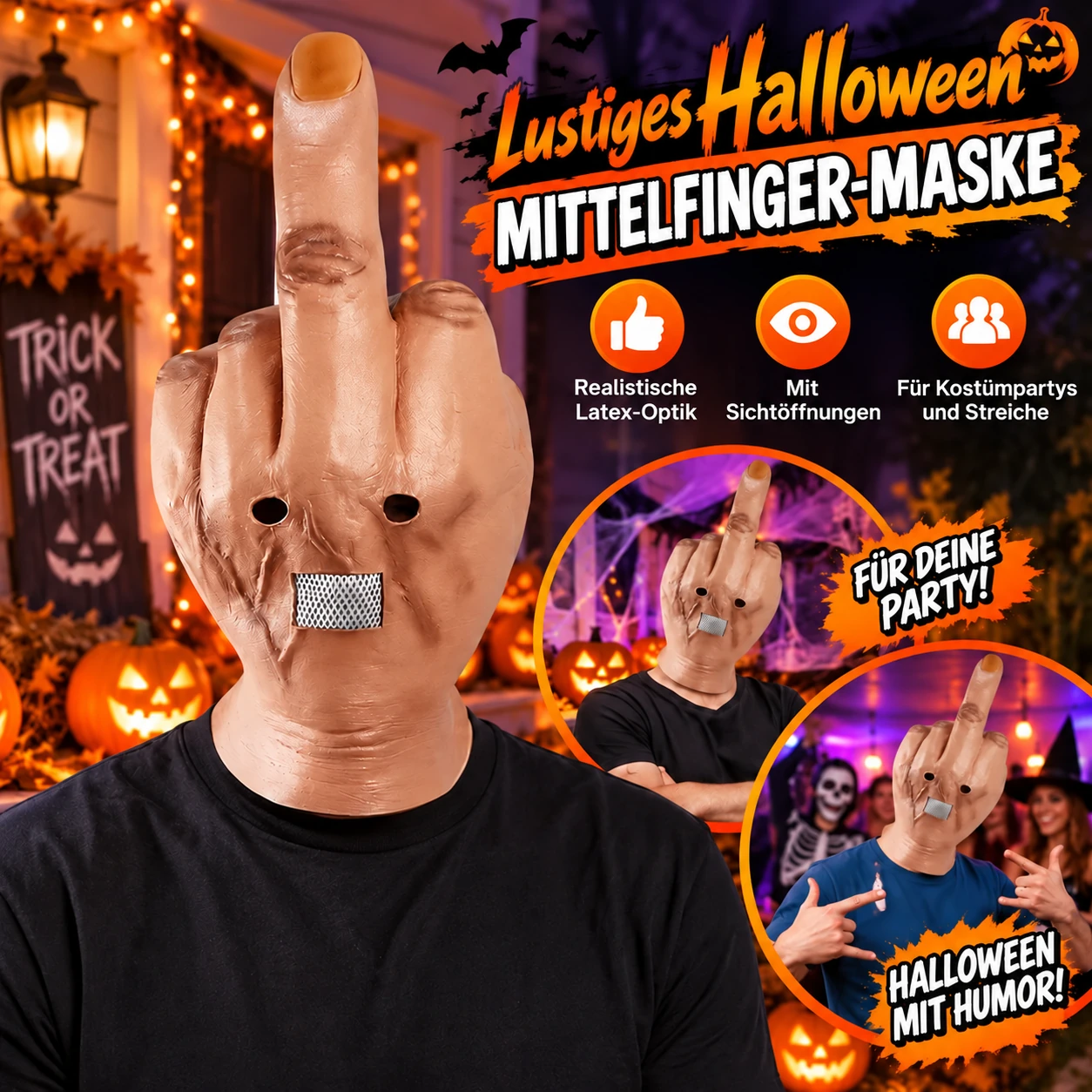Nahansicht der Details der Halloween-Mittelfingermaske