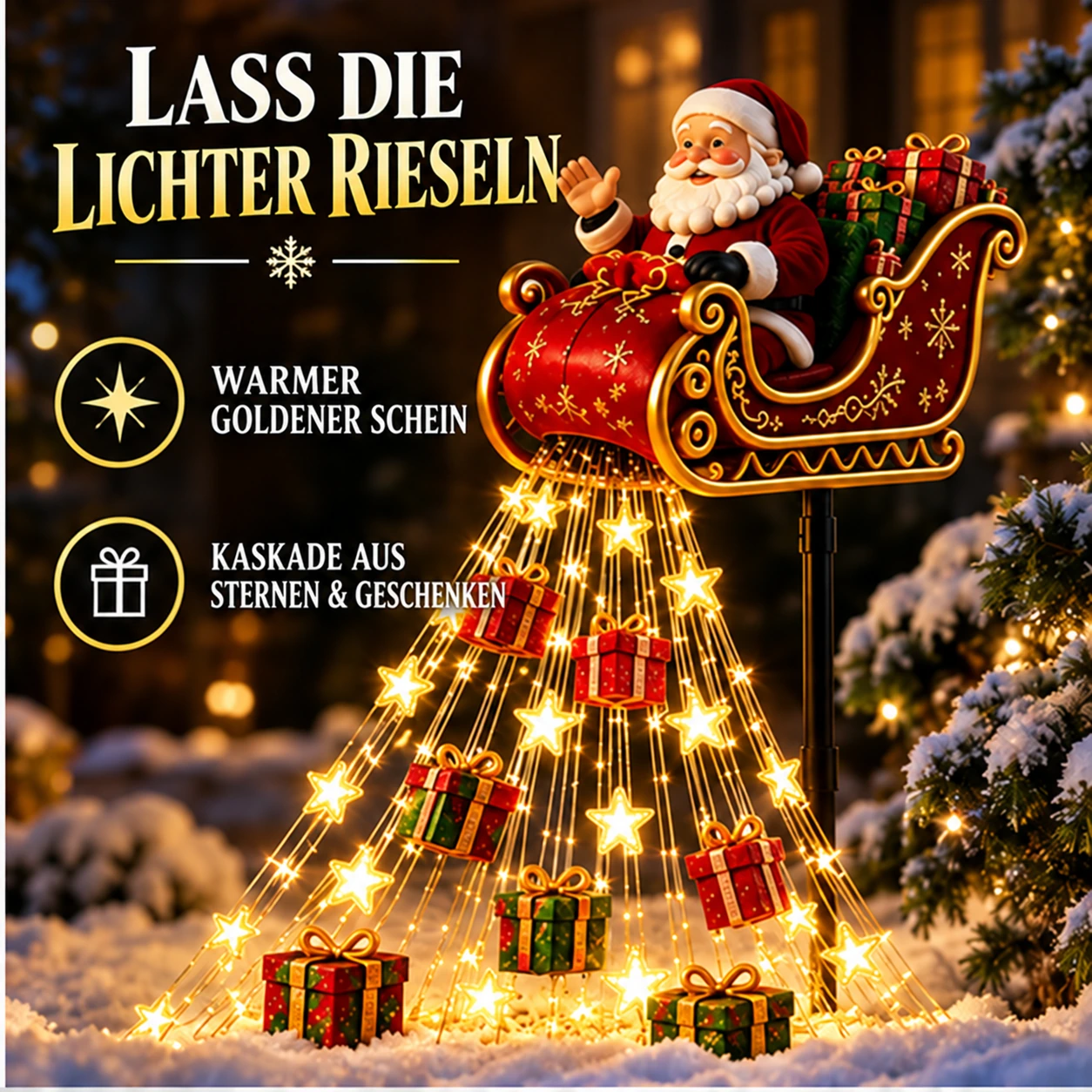 Solar-Gartenlicht mit Weihnachtsmannschlitten und Kaskadenlicht – 17,7 Zoll Weihnachtsdekoration