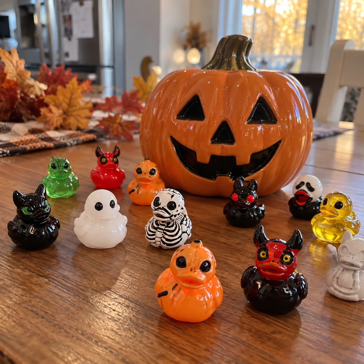 Blandede Halloween-andefigurer omkring et græskar på et bord