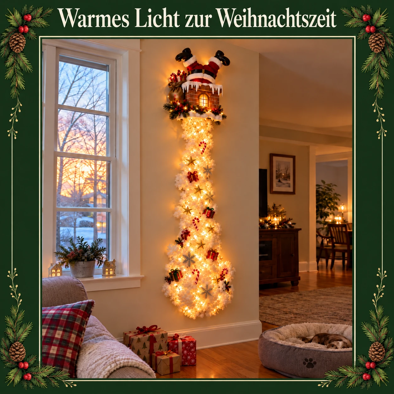 Weihnachtsmann-Kamin-Wanddekoration mit leuchtender Schneekaskade