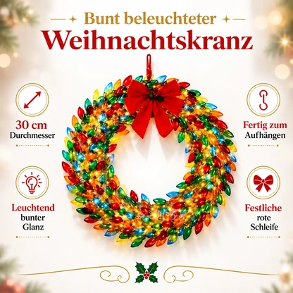 Beleuchteter Weihnachtskranz mit bunten Glühbirnen