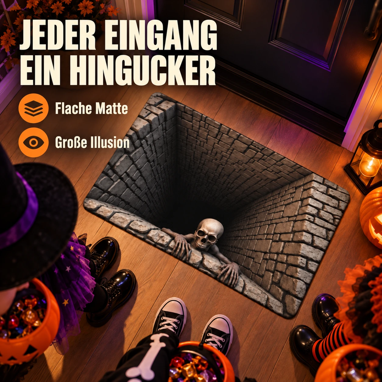 Halloween-Fußmatte mit Skelettgruben-Illusion – 3D-Überraschung am Eingang