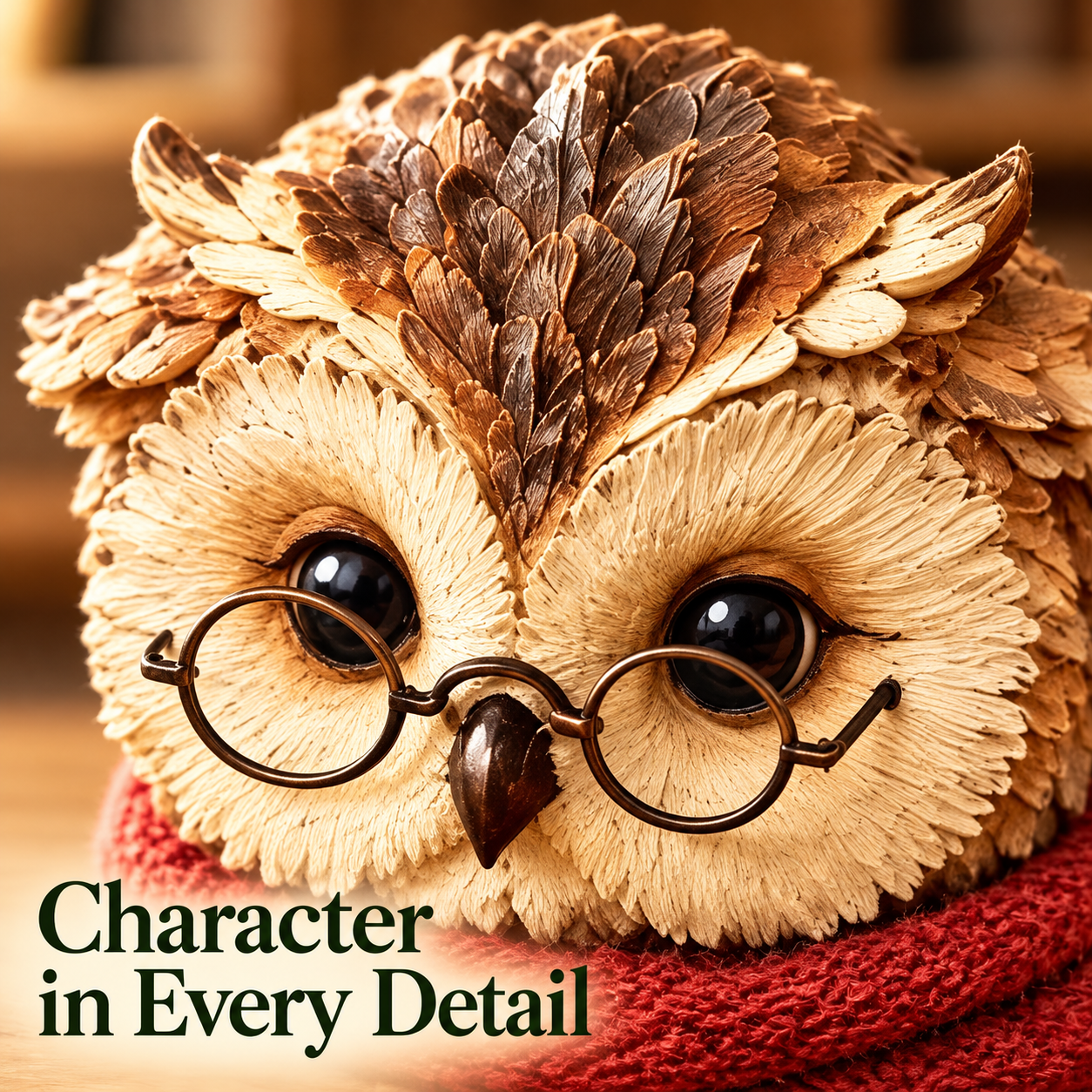 Close-up of the owl face, round glasses and feather texture