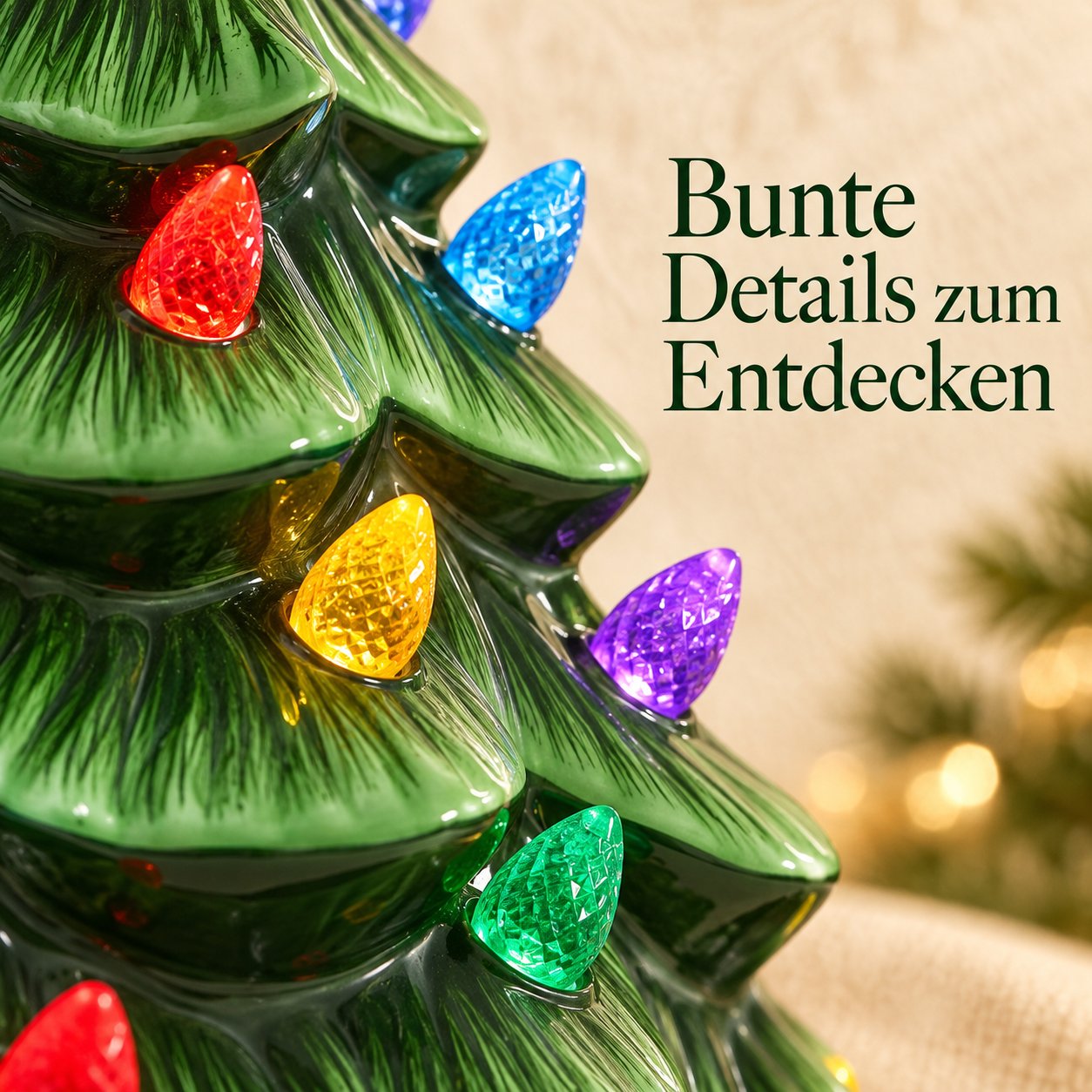 Nahaufnahme der bunten tropfenförmigen Details am grünen Baum