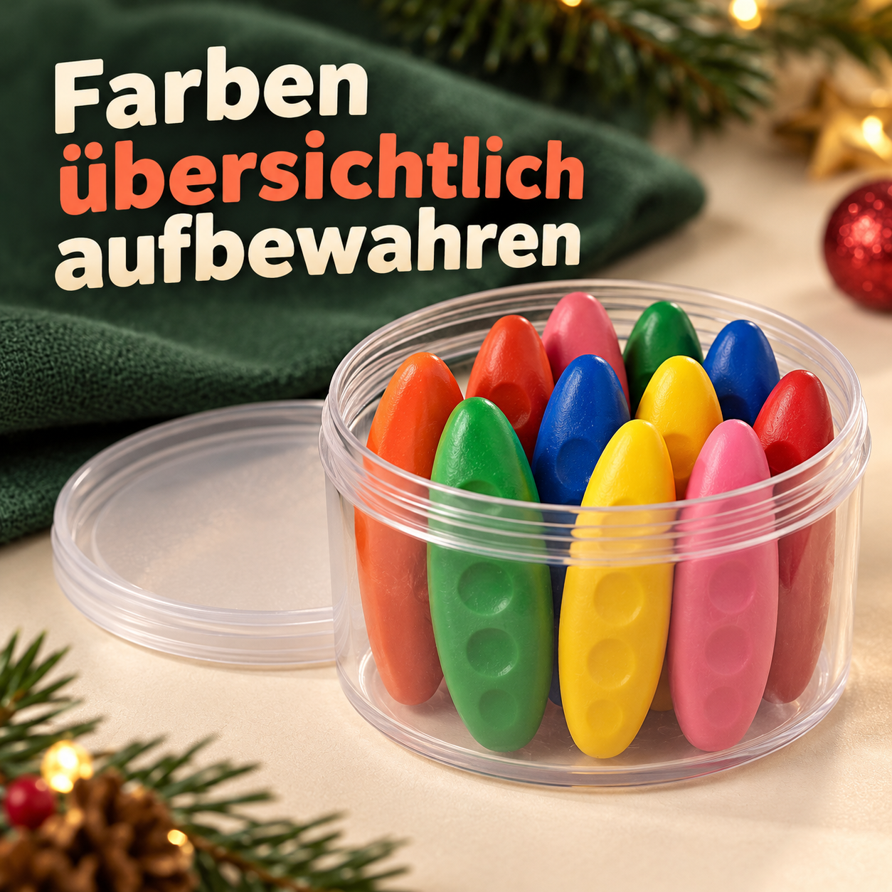 Bunte Wachsmalstifte in einer geöffneten transparenten Dose