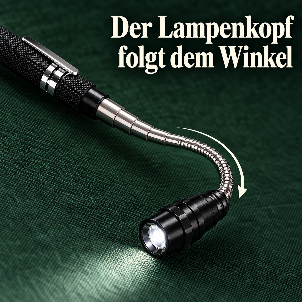 Der Lampenkopf folgt dem Winkel – schwarze Teleskop-Magnetlampe mit silbernem Schaft