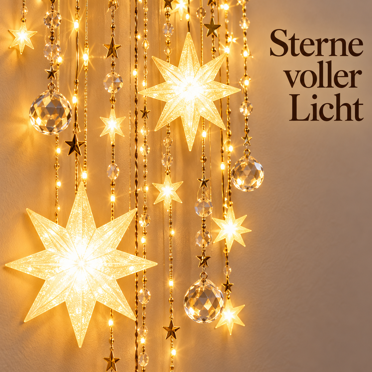 Nahansicht der herabhängenden Lichtsterne und Schmuckelemente