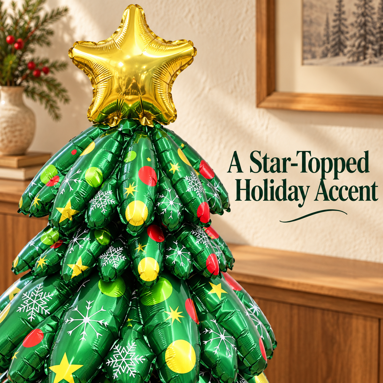 Gold star and printed green balloon leaf details