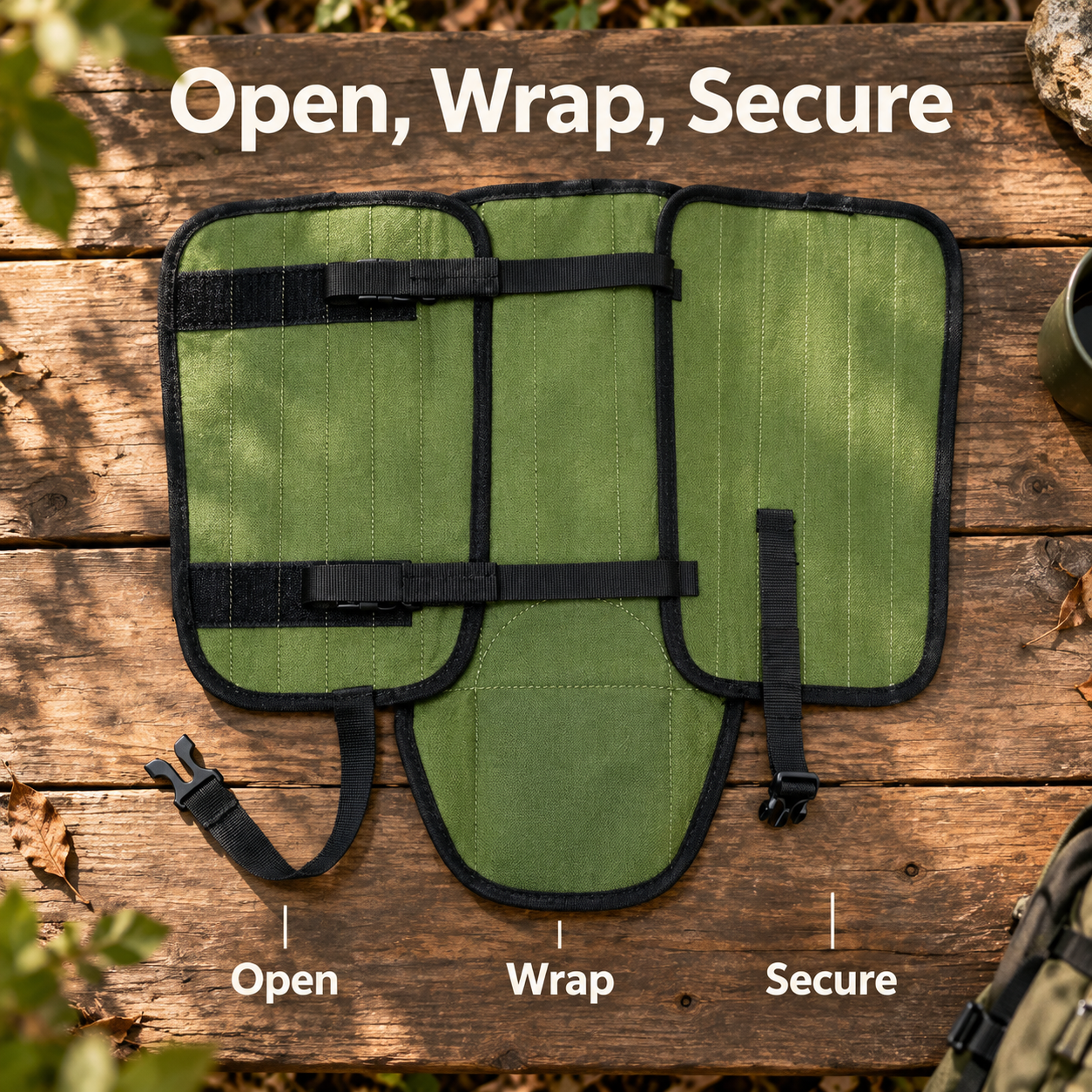 Green gaiter fully unfolded with black binding, horizontal straps and shoe-top flap