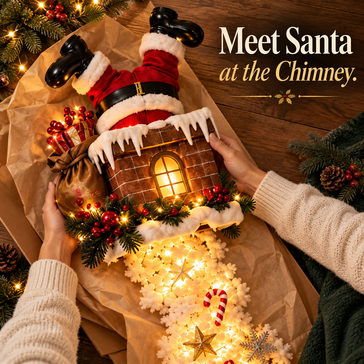 Hands holding the snowy brick chimney and upside-down Santa detail over a wooden table