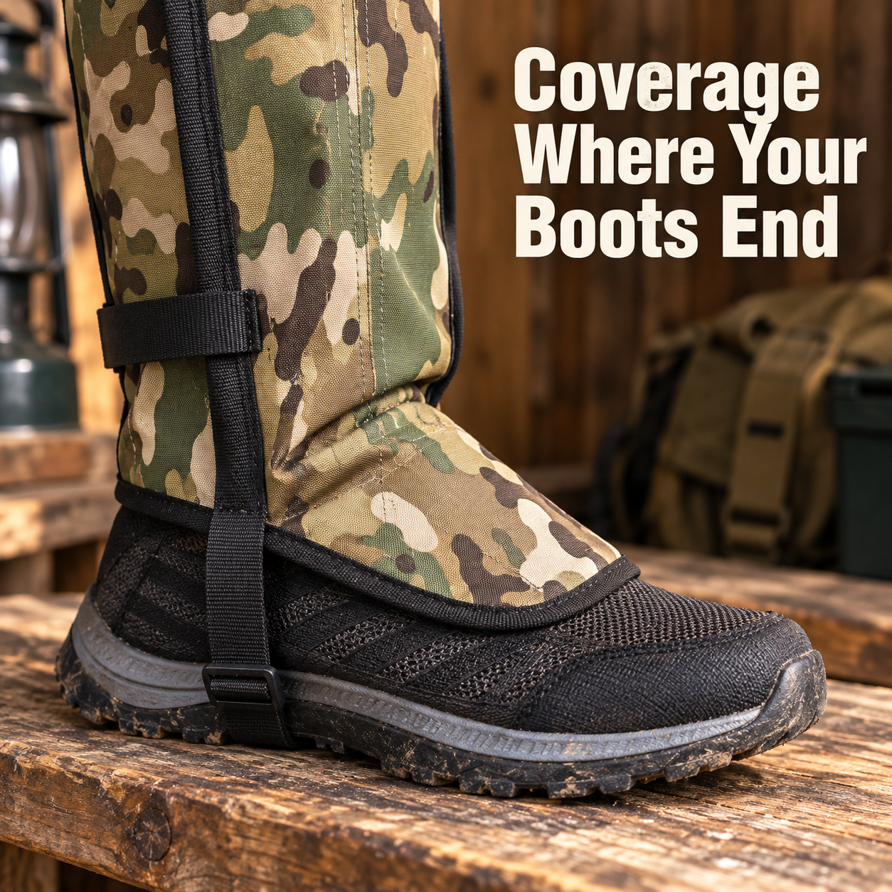 Close view of camouflage gaiter flap covering the top of a separate hiking shoe