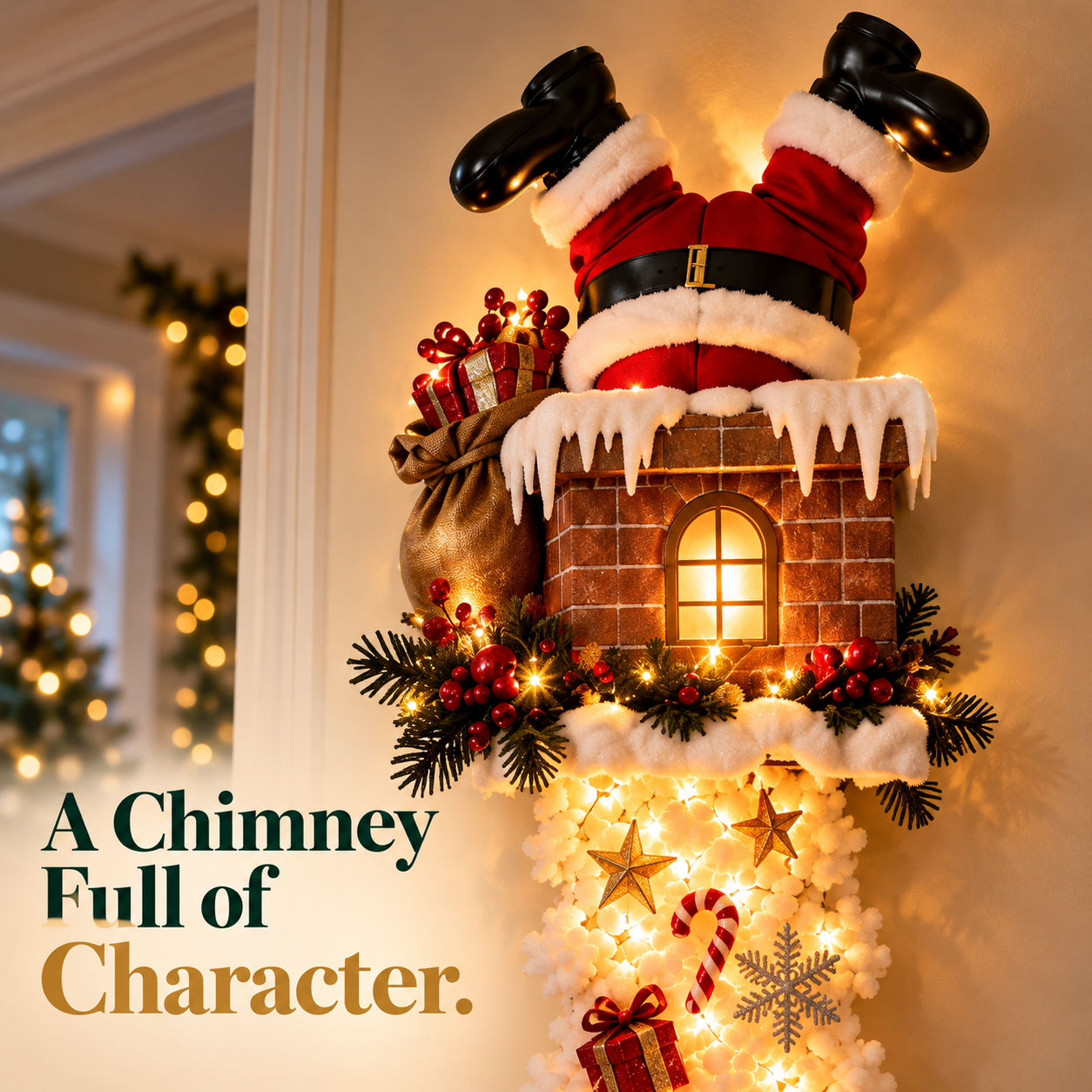 Santa chimney wall hanging with a glowing snowy cascade in an inviting entryway