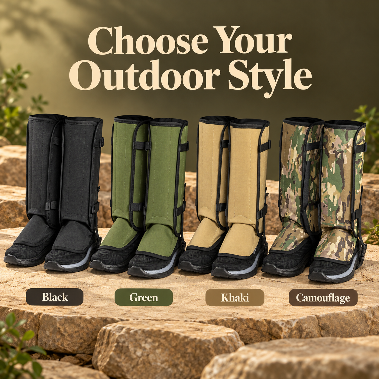 Four gaiter color options: Black, Green, Khaki and Camouflage