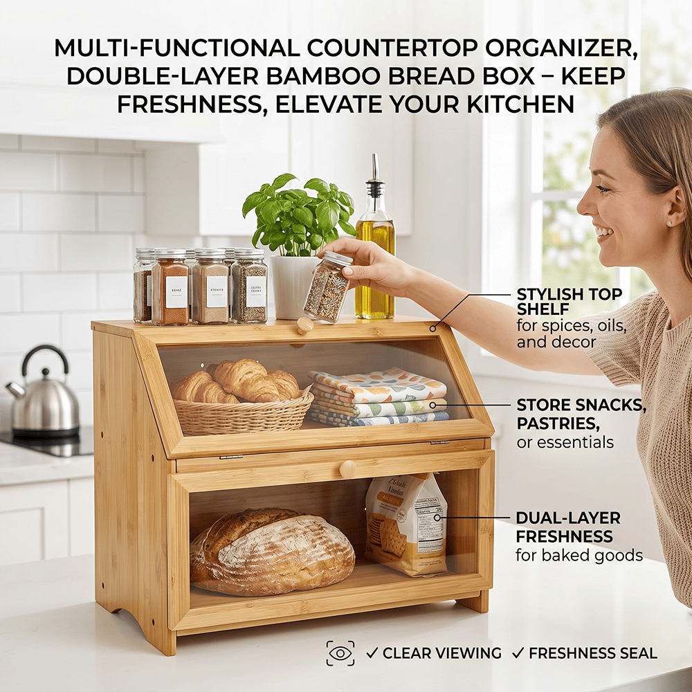 🍞 Double-Layer Bamboo Bread Box – Keep Freshness, Elevate Your Kitchen 🌿✨