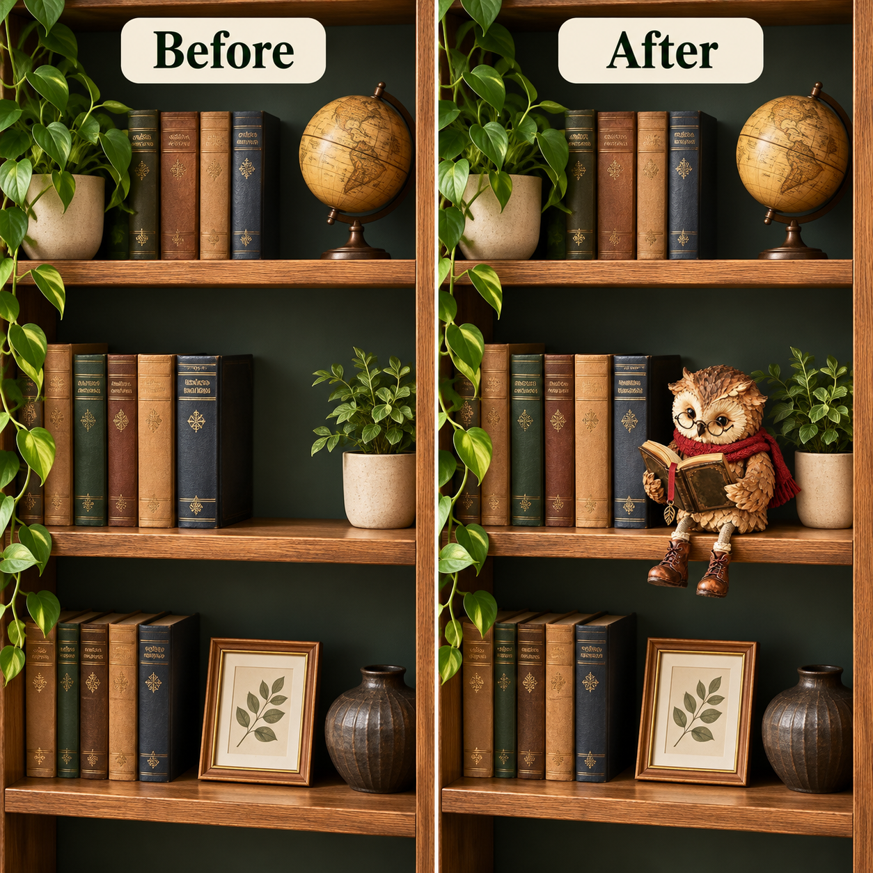 Illustrative before and after of the same shelf, with a reading owl added in the after view