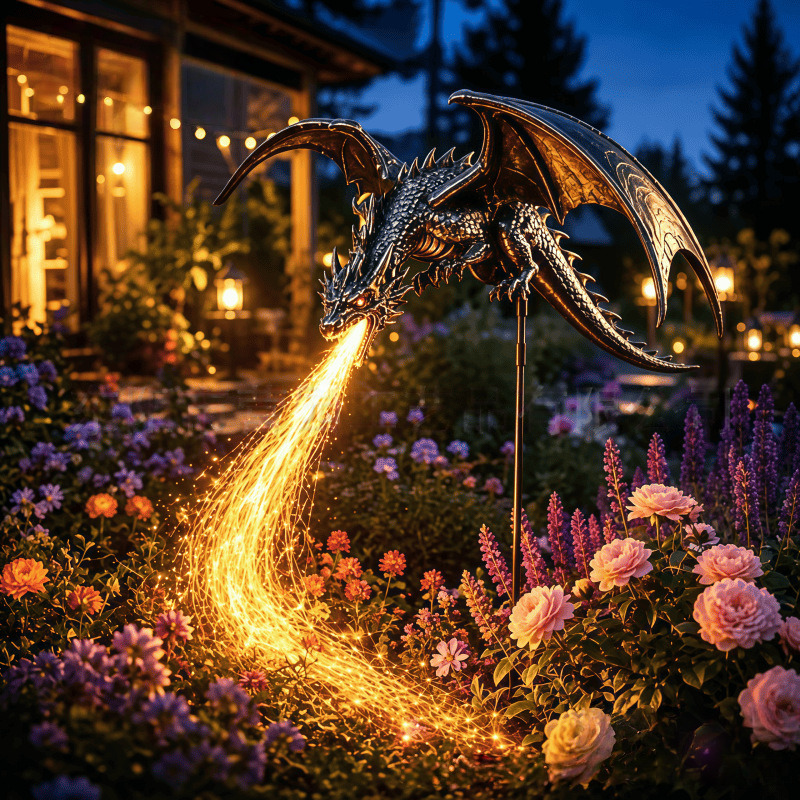 Black dragon solar garden light glowing in a flower bed