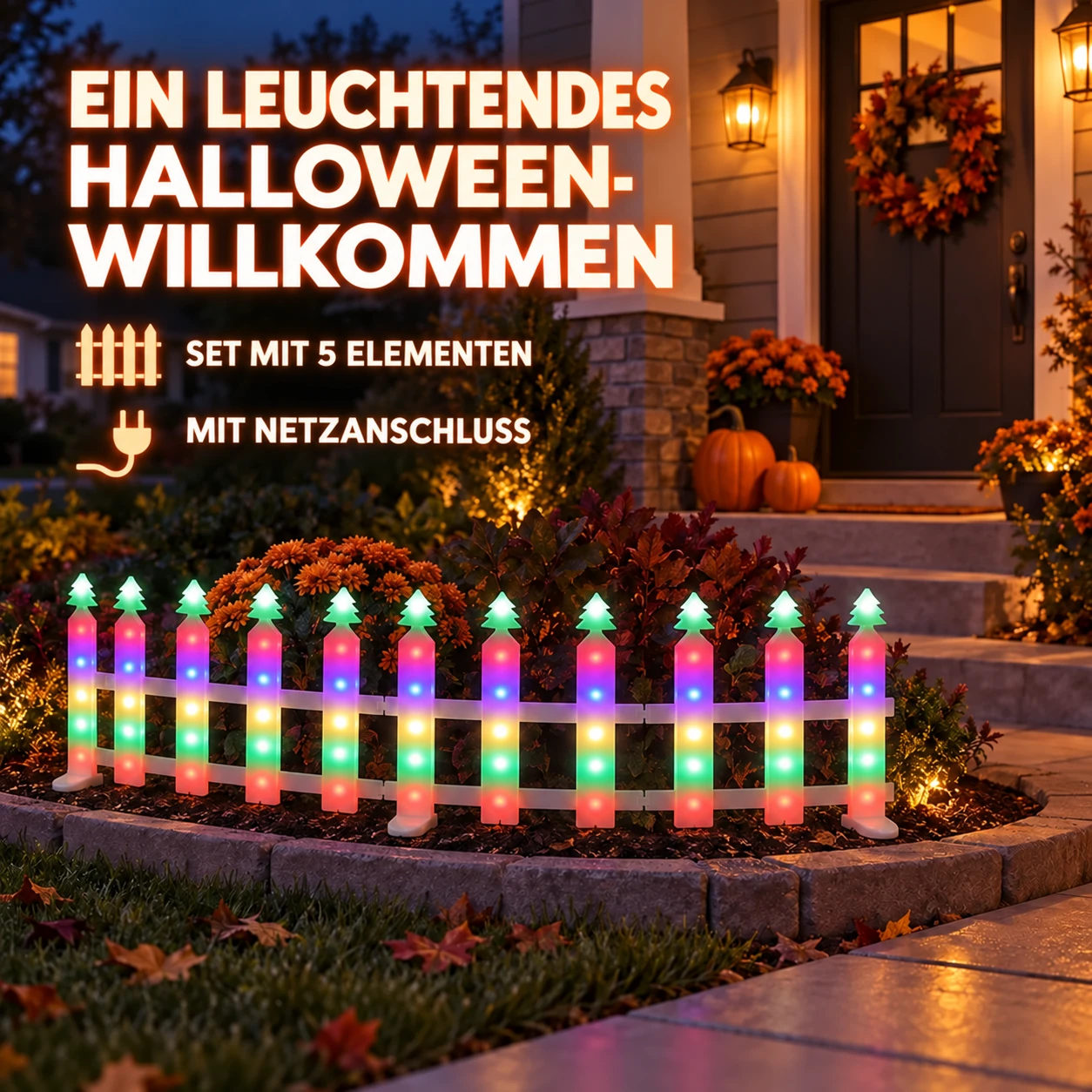Bunte Weihnachts-Zaunbeleuchtung mit Niederspannungs-Netzanschluss – 5-teiliges Set