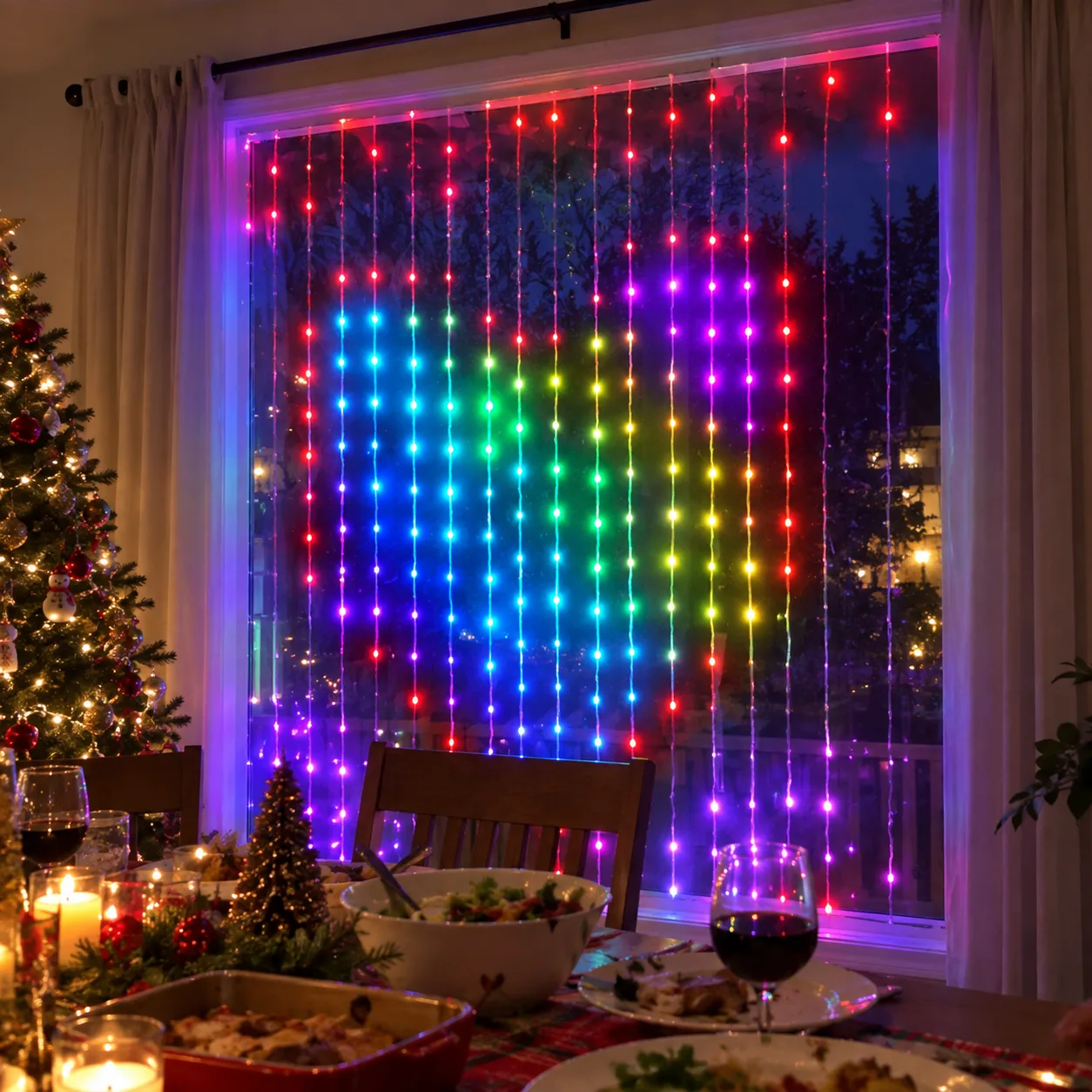 Feestelijk raam met programmeerbare RGB-gordijnlichtjes