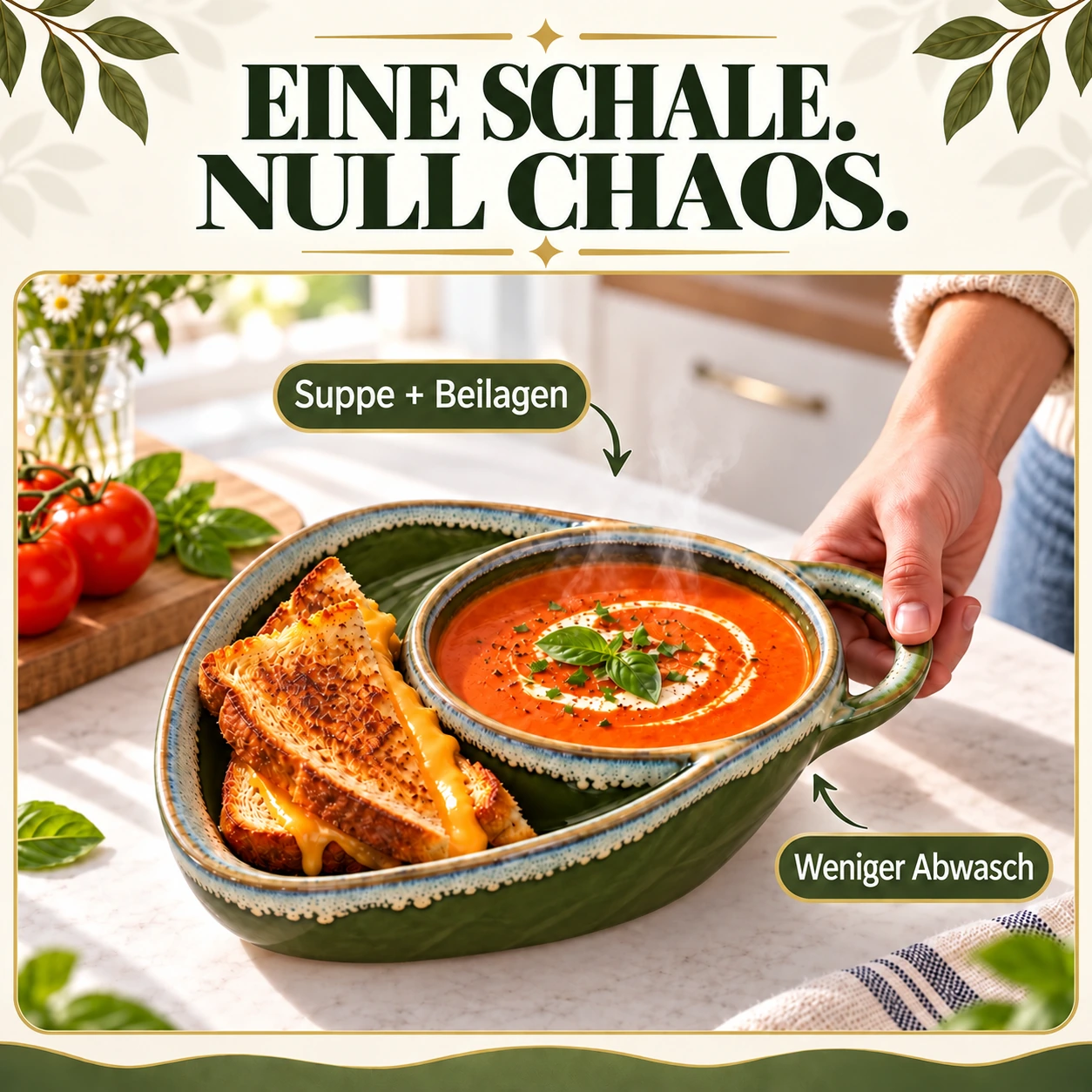 Handgefertigte Keramik-Servierschale mit Unterteilung und Seitengriff