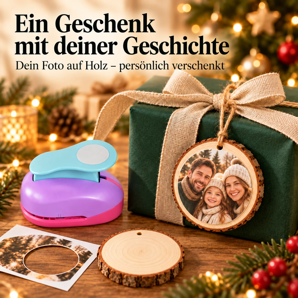 Persönlicher Fotoanhänger aus einer Holzscheibe an einem Weihnachtsgeschenk; Kreisstanzer daneben
