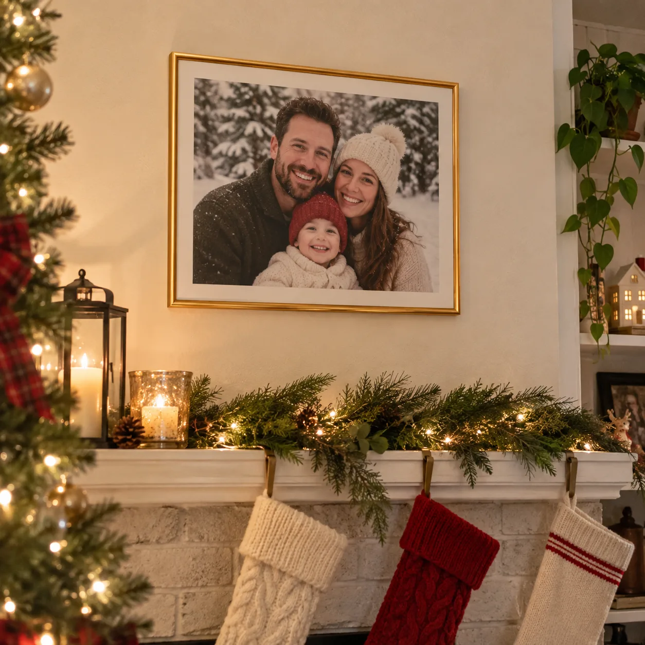Customer-style photo of a gold picture frame above a Christmas mantel