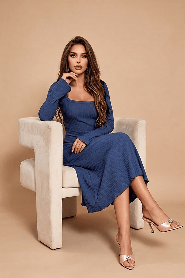 Elegant Square Neck Long Sleeve Maxi Dress for Women