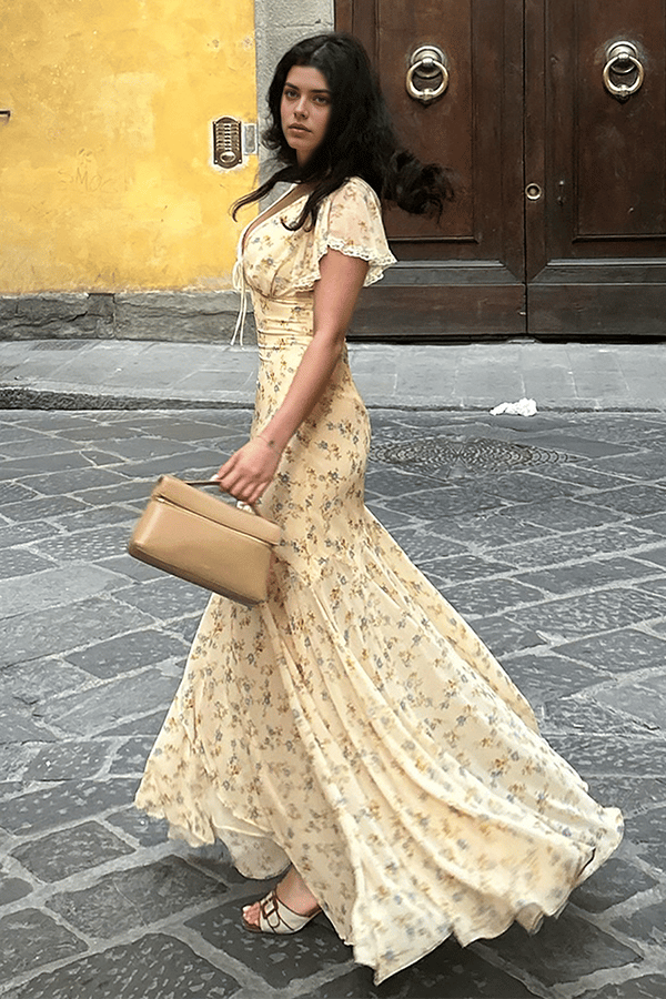 Elegant Floral Lace V-Neck Asymmetrical Dress