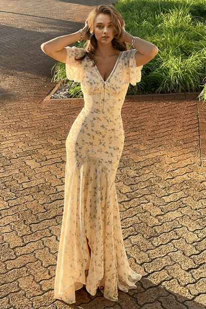 Elegant Floral Lace V-Neck Asymmetrical Dress