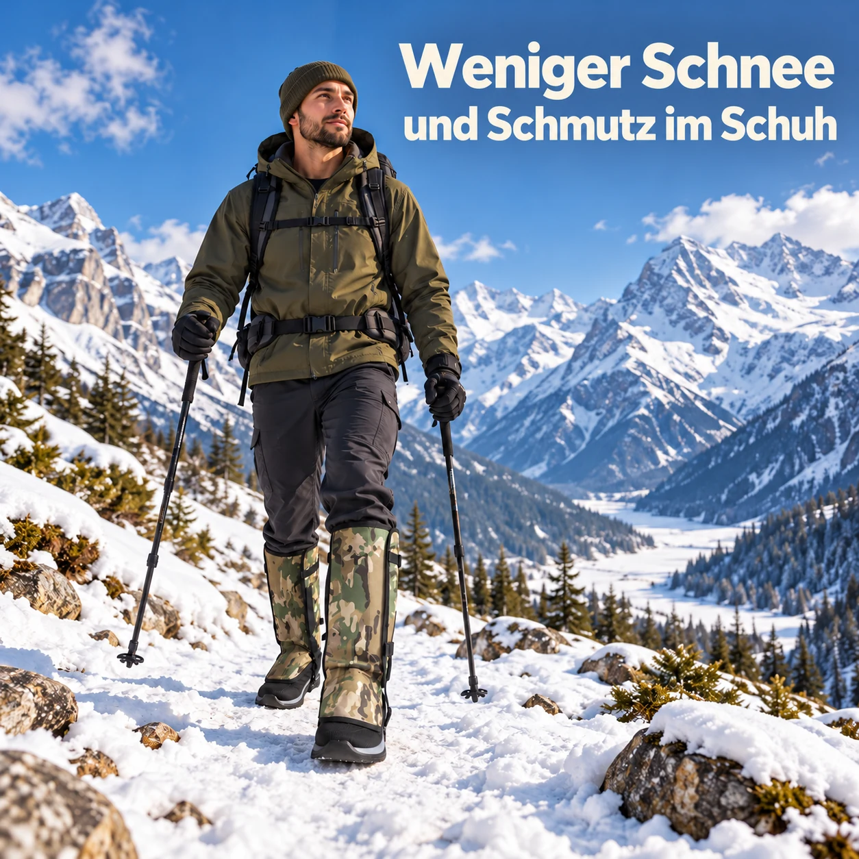 Wanderer mit Gamaschen in Tarnmuster auf einem verschneiten, felsigen Weg