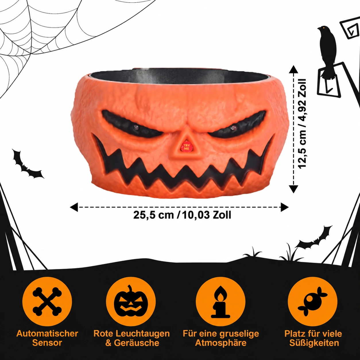 Animierte Halloween-Süßigkeitenschale mit Skeletthand, Licht und Ton