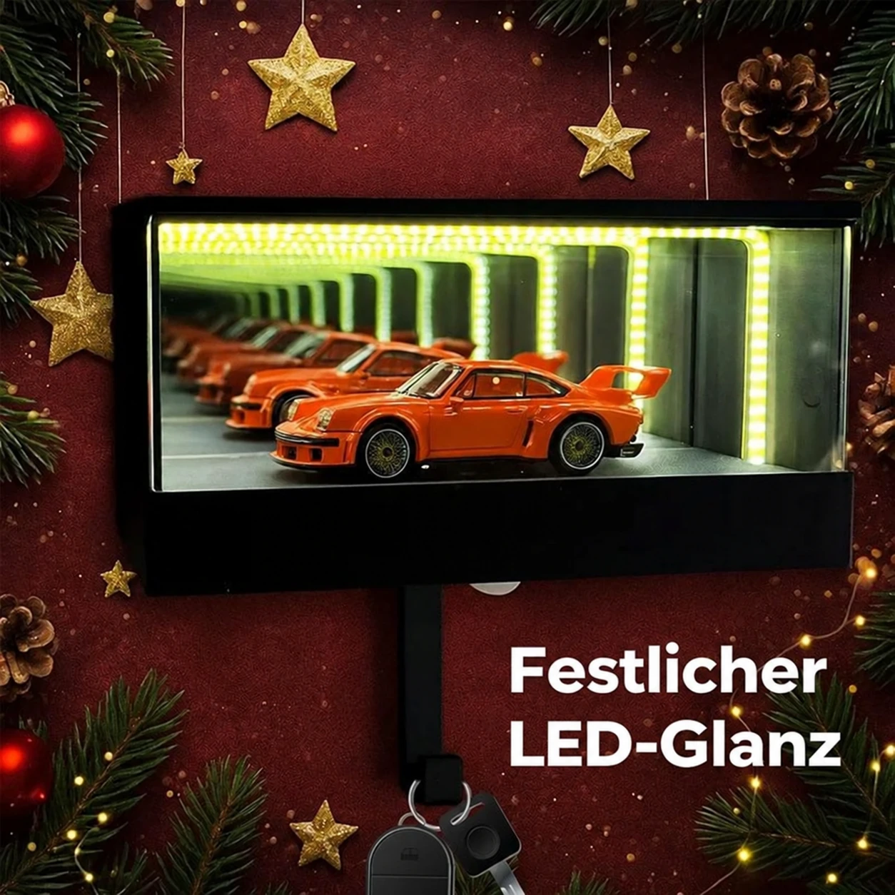 Infinity Garage LED-Schlüsselhalter – schwarze Mini-Auto-Ausstellung