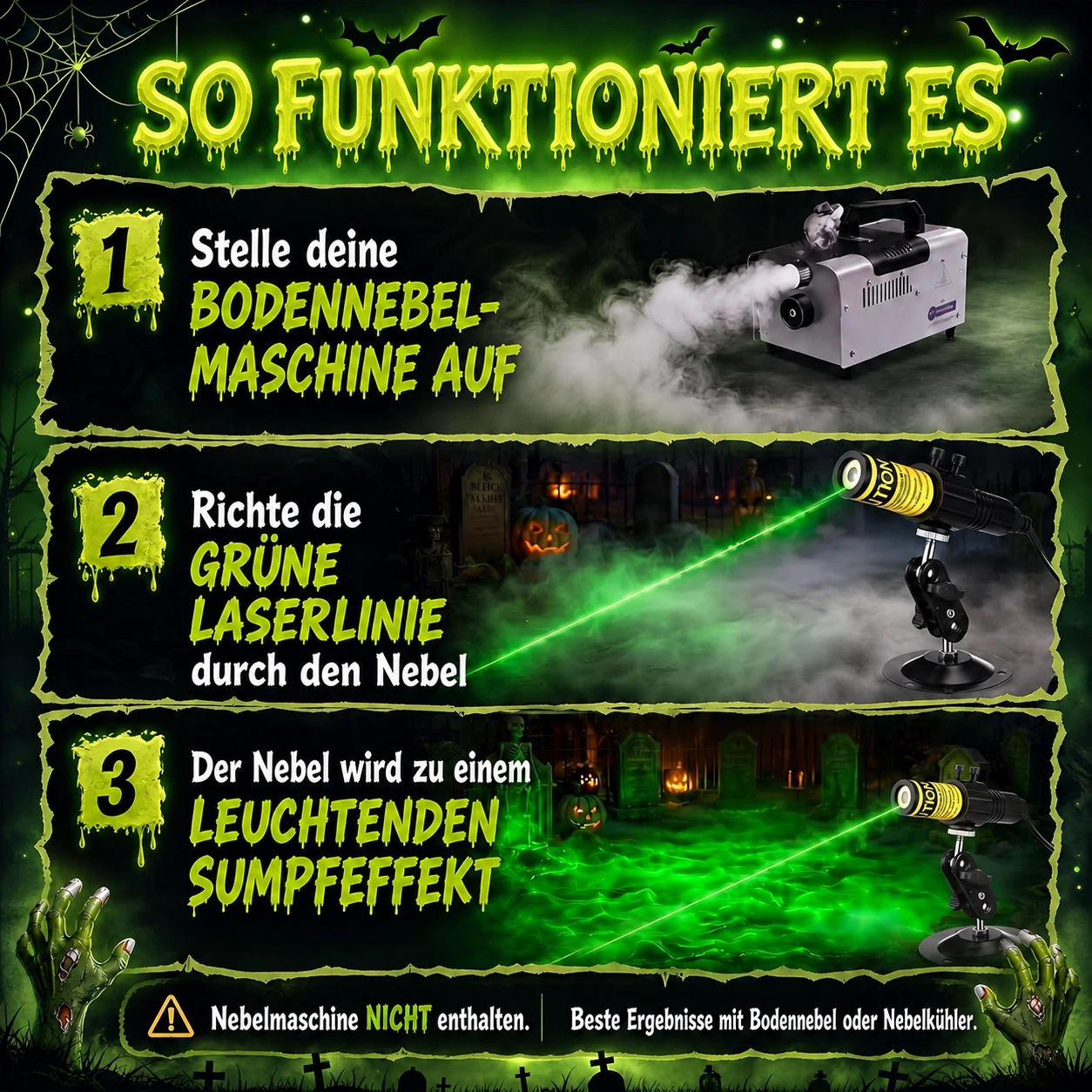 Grüner Laser-Nebelprojektor für einen gespenstischen Sumpfeffekt