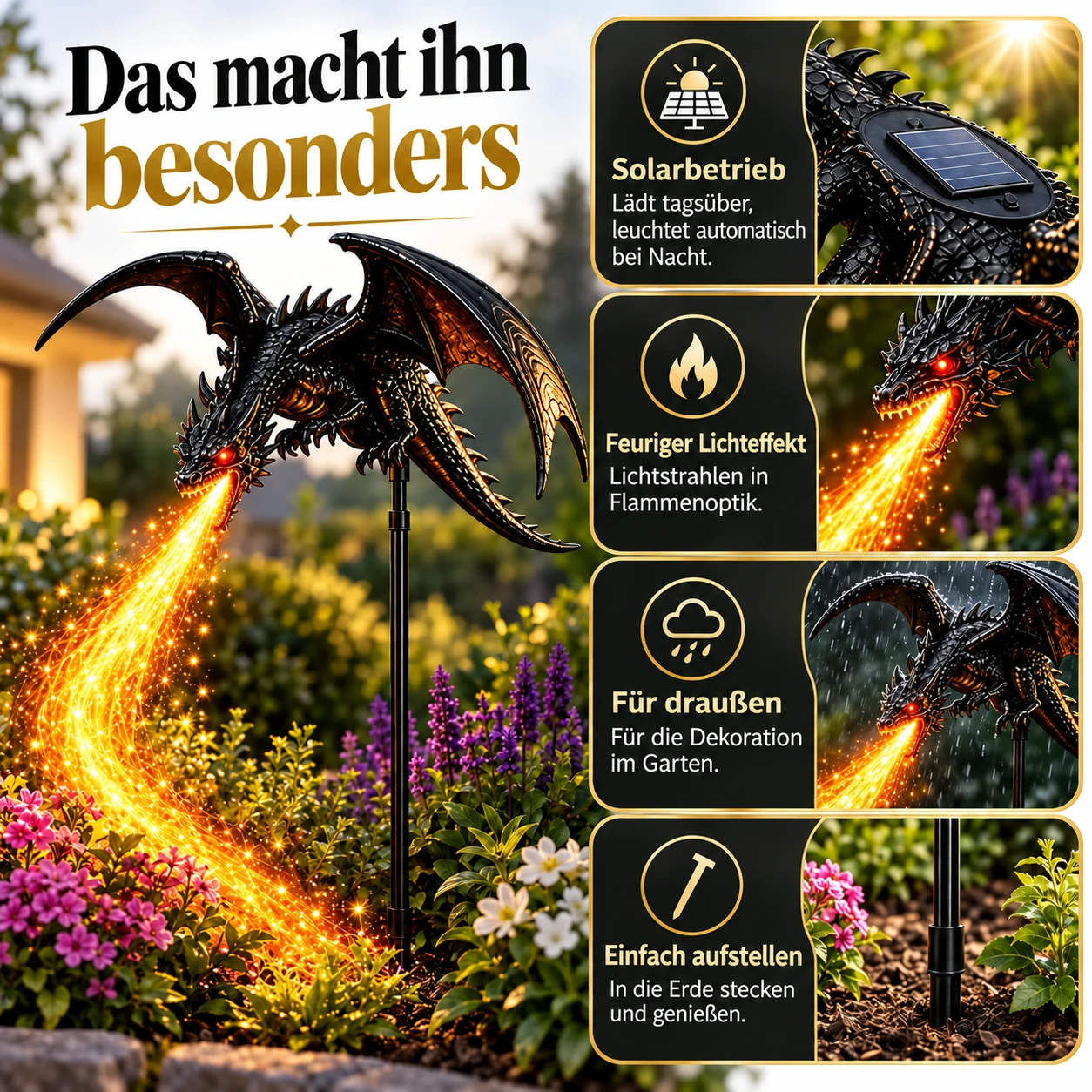 Halloween-Solar-Gartenstecker mit feuerspeiendem Drachen