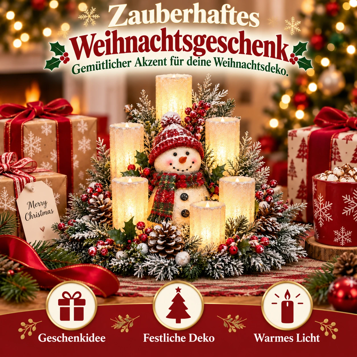 Weihnachtliches Tischgesteck mit flammenlosen Kerzen | Wählen Sie Ihren Stil