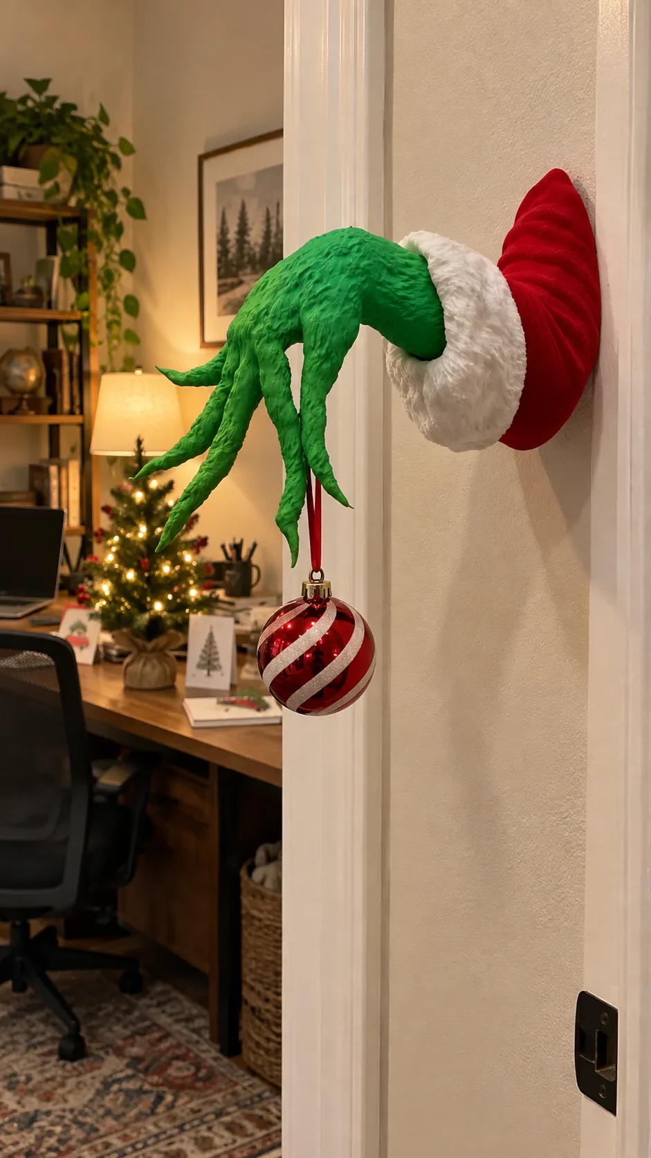 Foto in klantstijl van de kersthanddecoratie bij een thuiskantoor