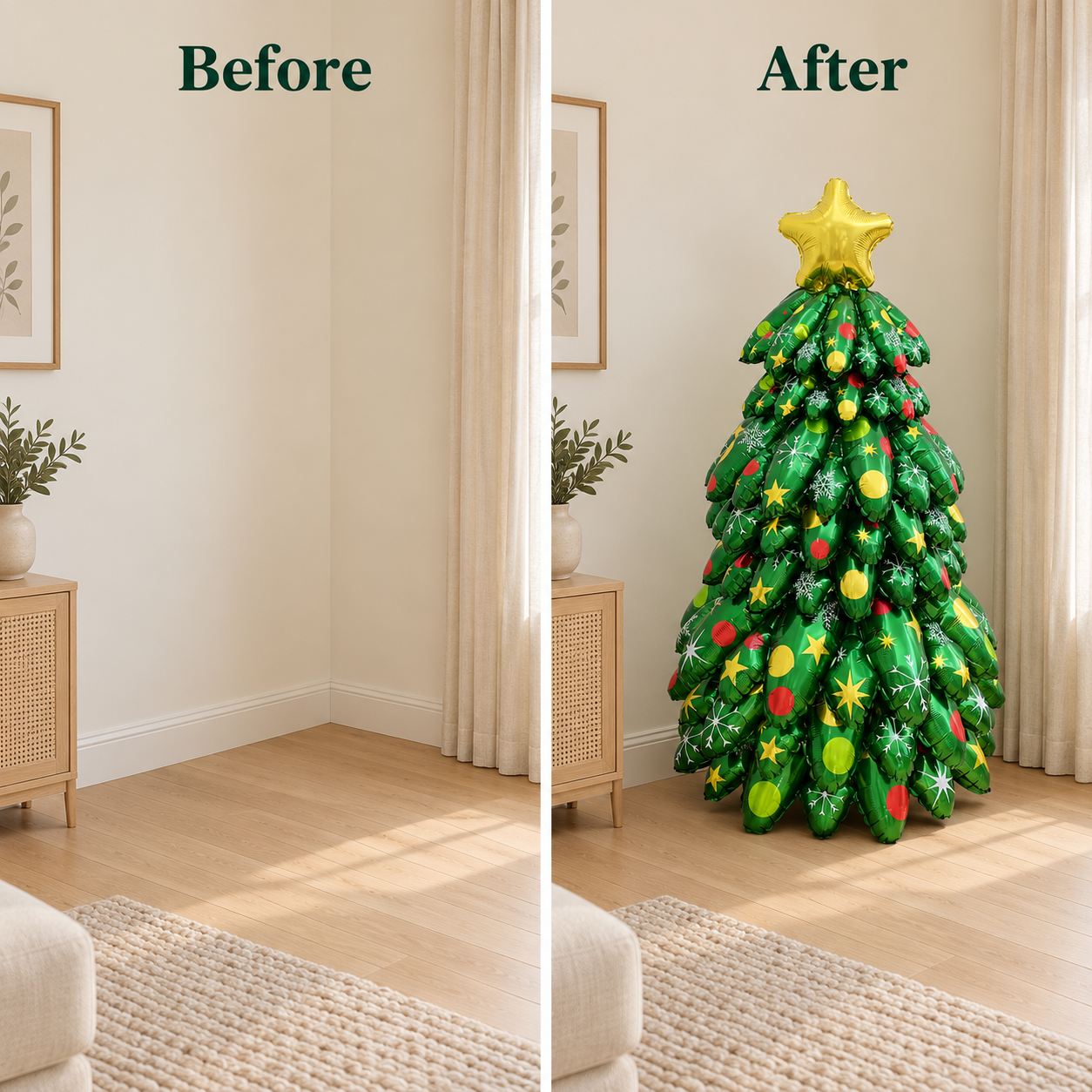 The same room corner before and after adding one tree balloon decoration