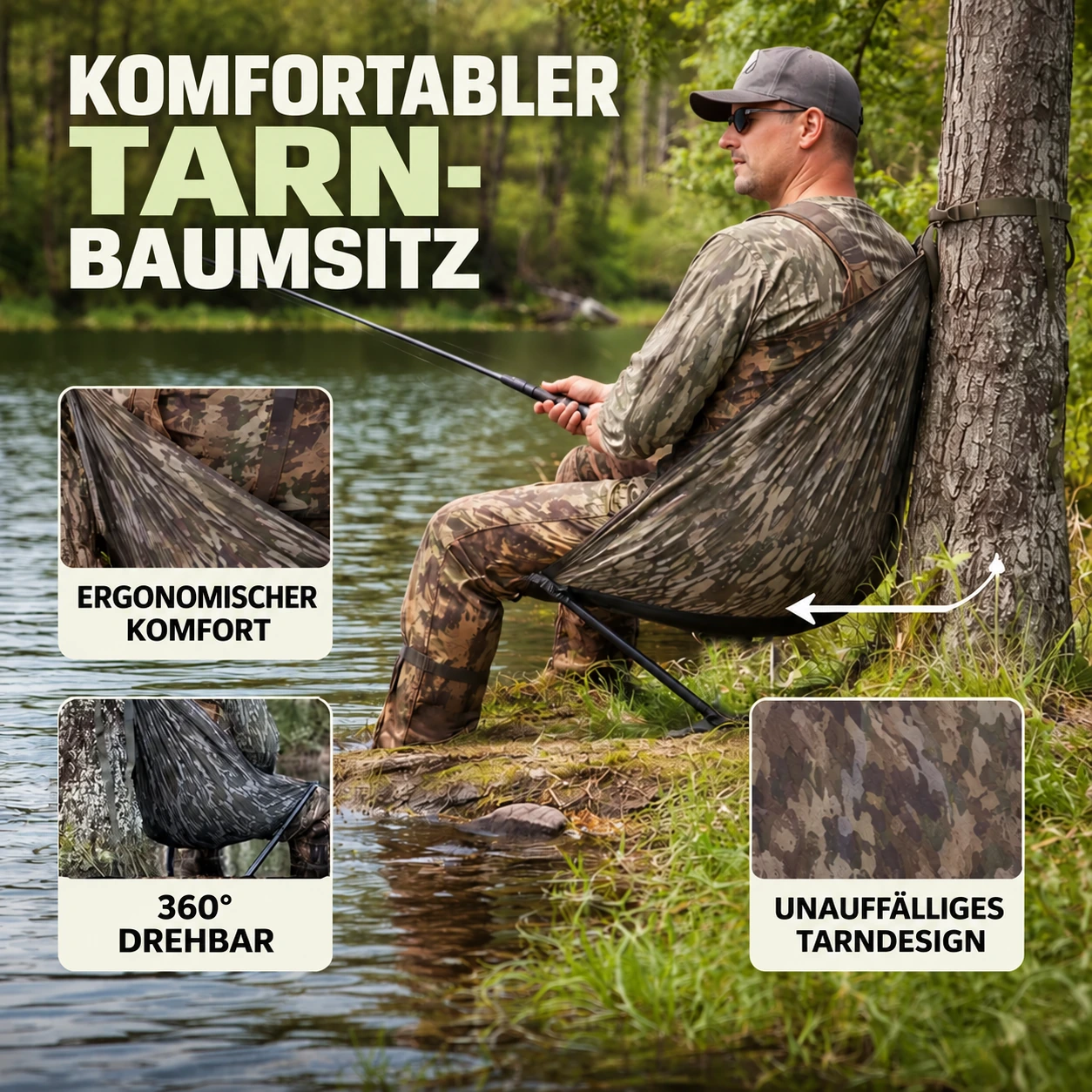 Tarn-Baumsitz am See mit Detailansichten zu Sitzkomfort und Drehfunktion