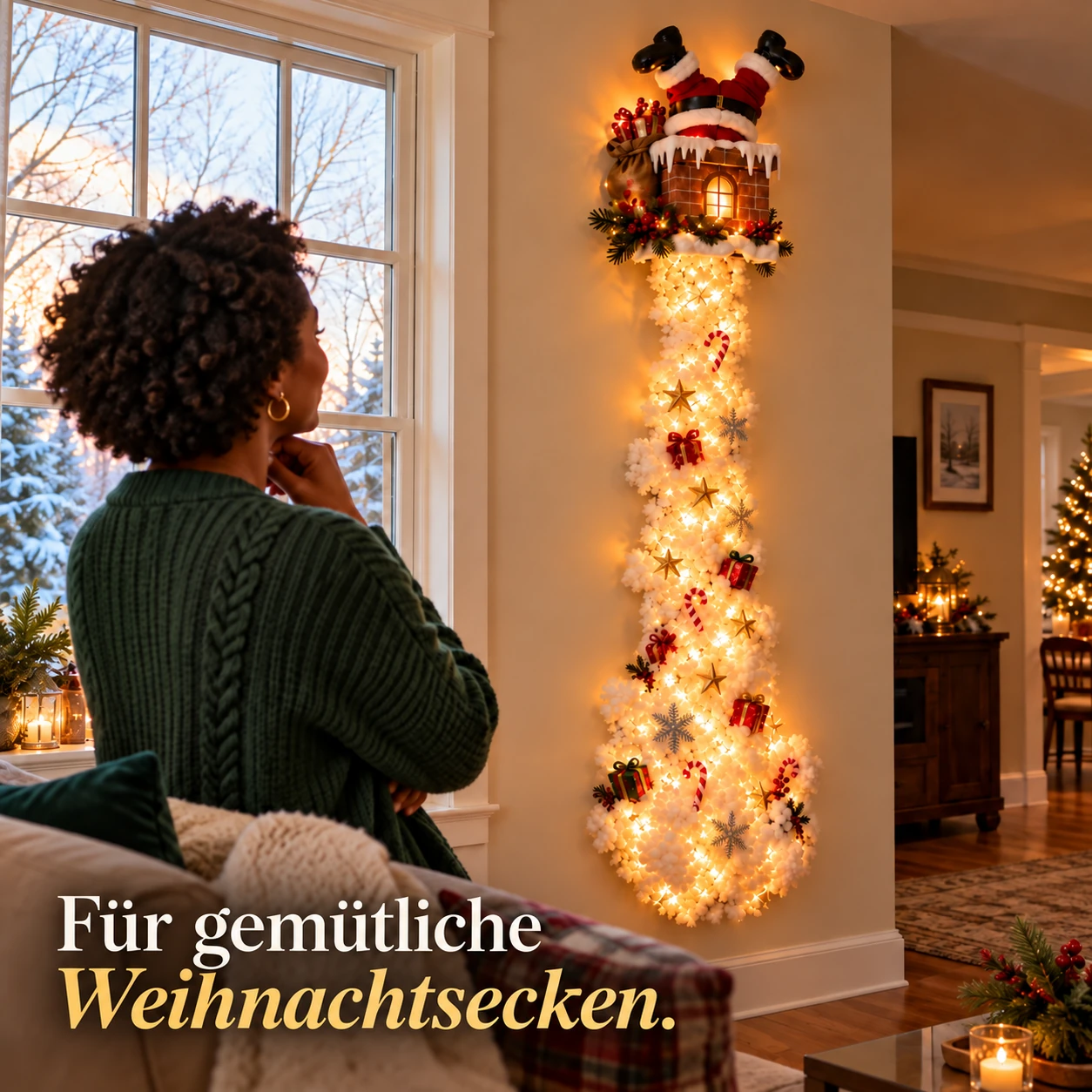 Weihnachtsmann-Kamin-Wanddekoration mit leuchtender Schneekaskade