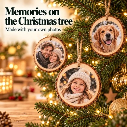 Finished family, child and pet photo ornaments on a Christmas tree, shown as styling examples