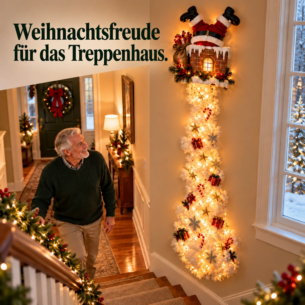 Weihnachtsmann-Kamin-Wanddekoration mit leuchtender Schneekaskade