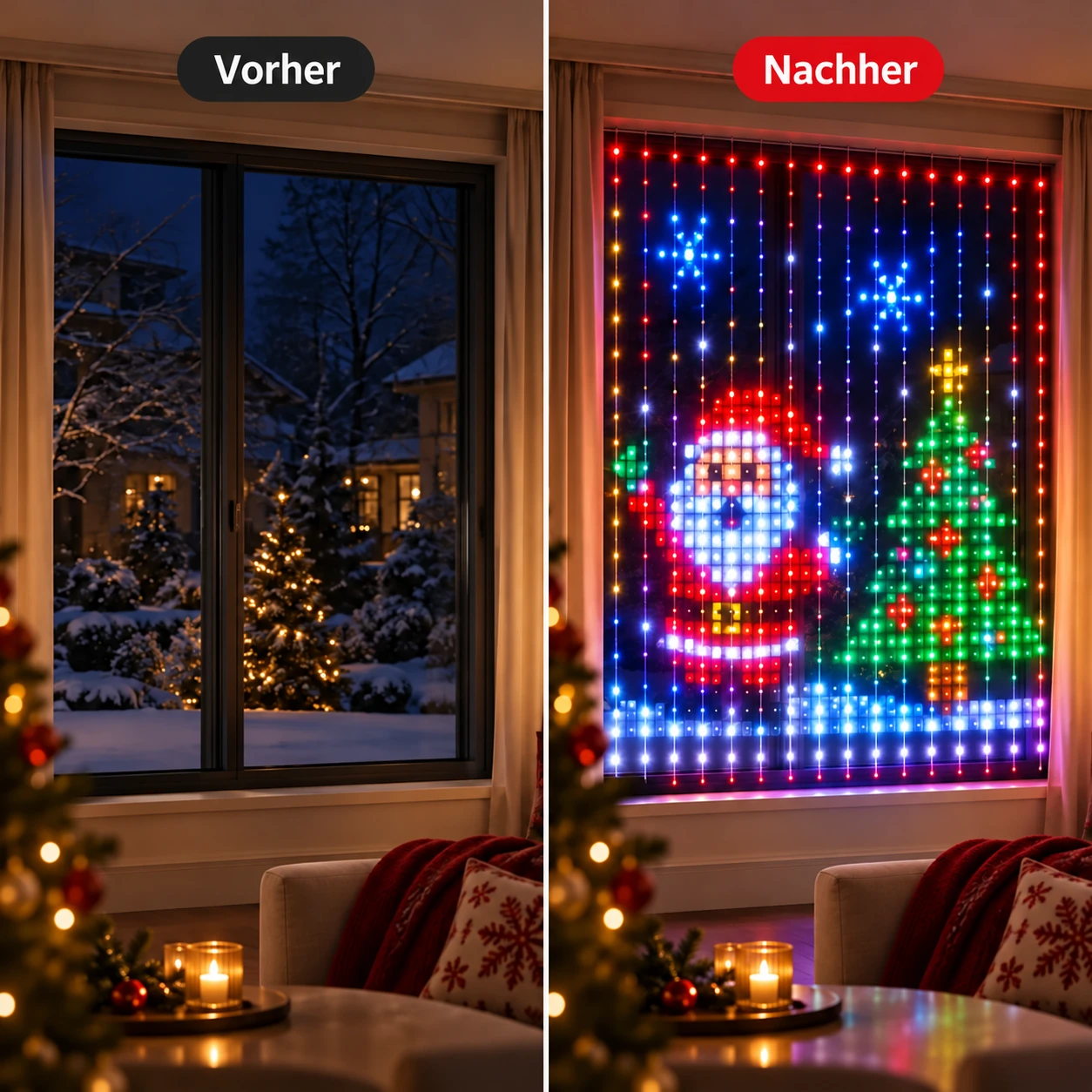 Dasselbe Fenster vor und nach dem Anbringen der RGB-Weihnachtsvorhanglichter